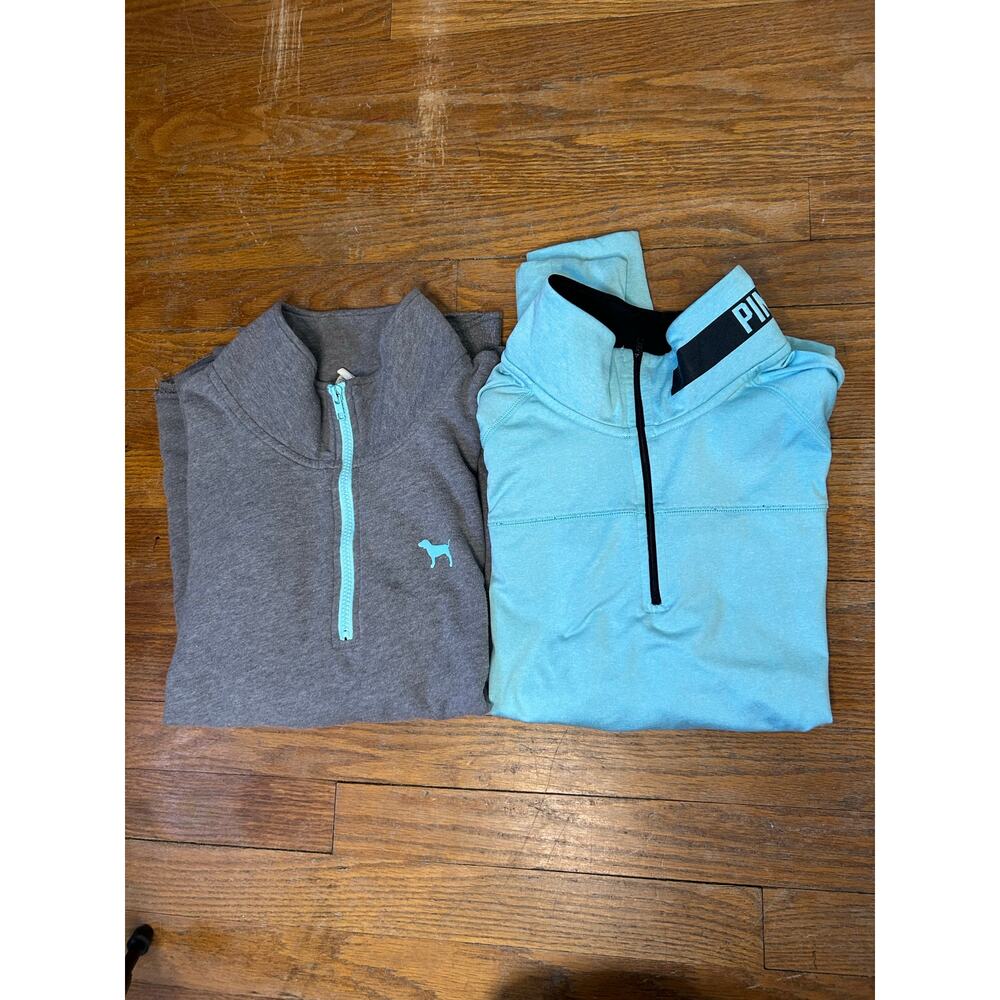 Victoria’s Secret PINK SET OF 2 Quarter Zip Pullovers Women's Large Grey Aqua LG